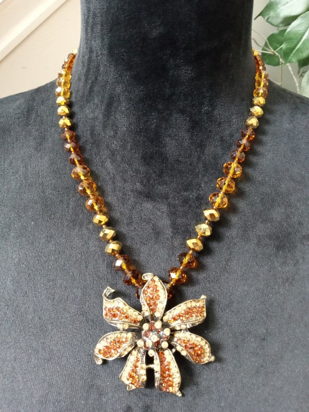 Vintage Amber Rhinestone Flower Pendant Necklace Gold Tone Beaded Statement